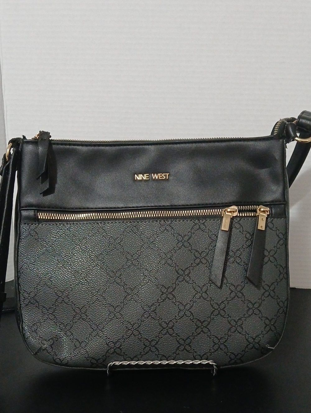 Nine West Black Patterned Crossbody Bag with Gold Hardware